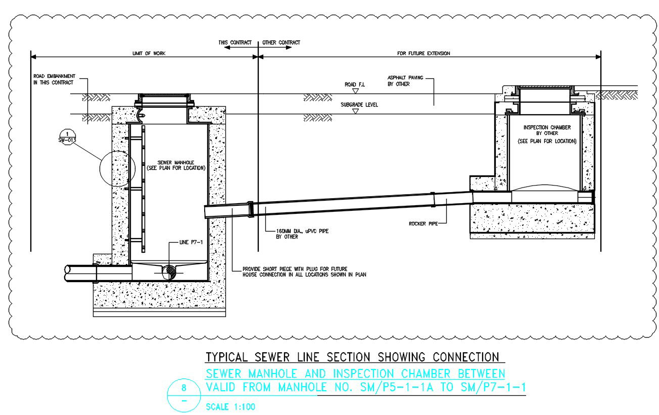 Typical Sewer Line Connection To Chamber Section Drawing DWG File
