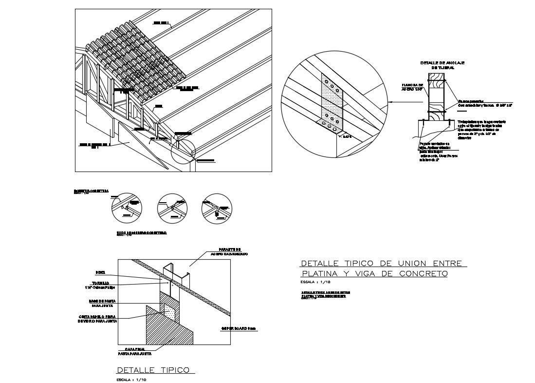 Typical details of union between platina and concrete beam of roof dwg file