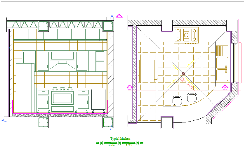 Typical kitchen plan with sectional elevation for apartment dwg file