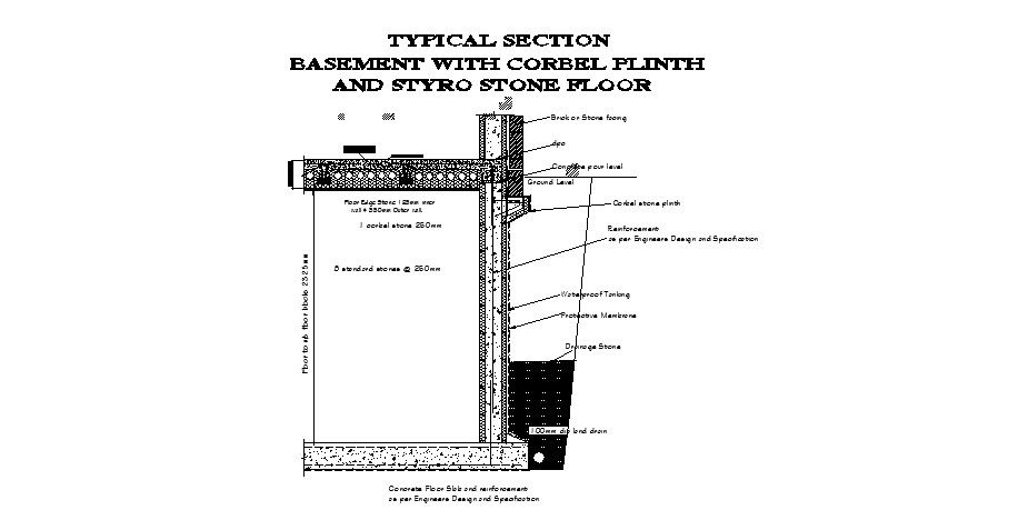 Typical section basement with carbel plinth and stone floor dwg file
