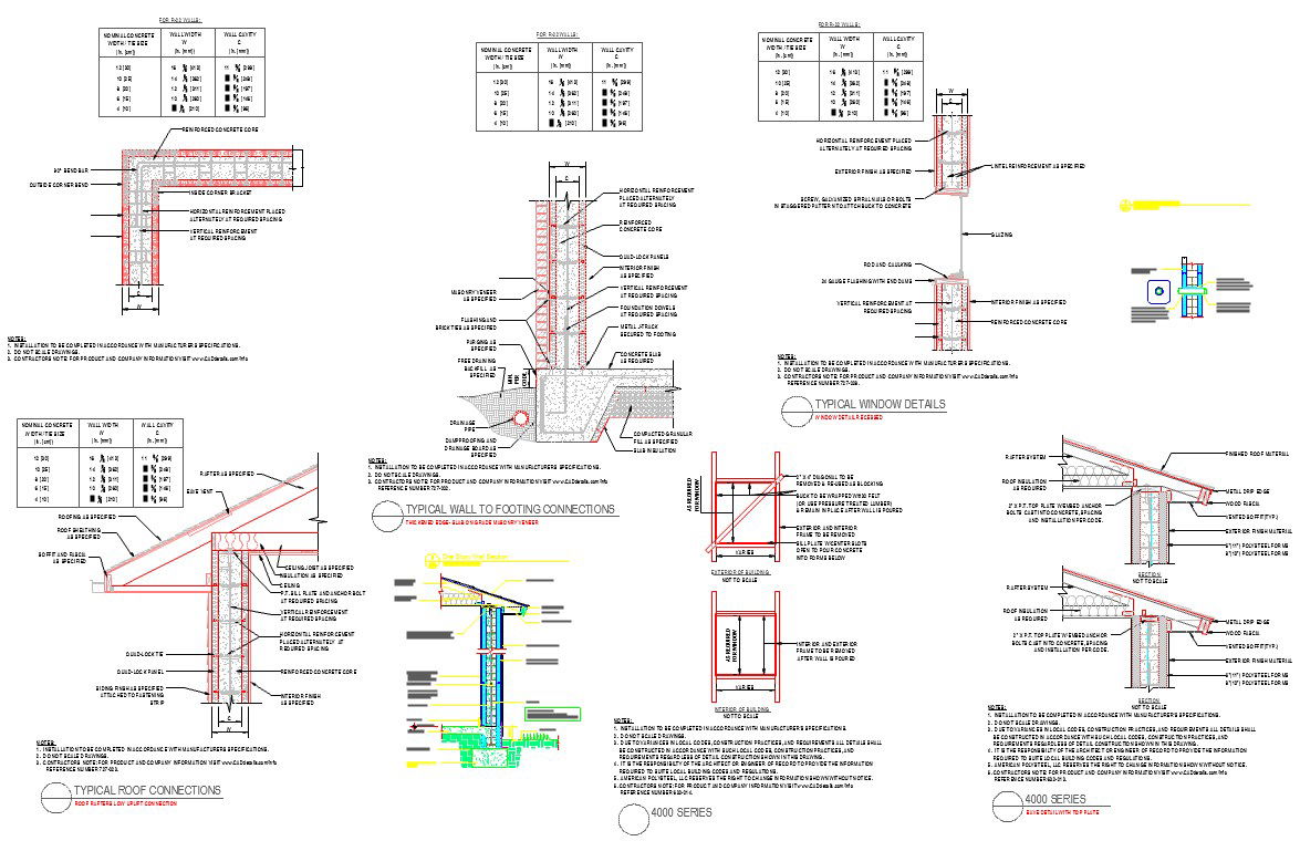 Typical wall to footing connections, Typical window details & roof connections
