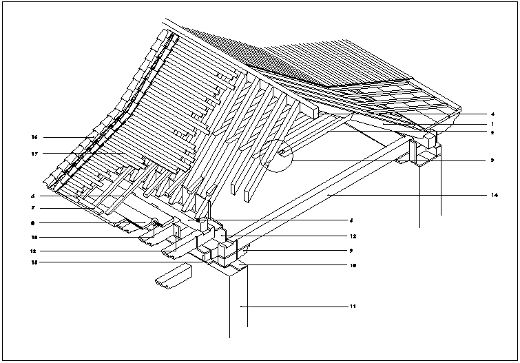 Typical wooden roof structure isometric view in detail dwg file