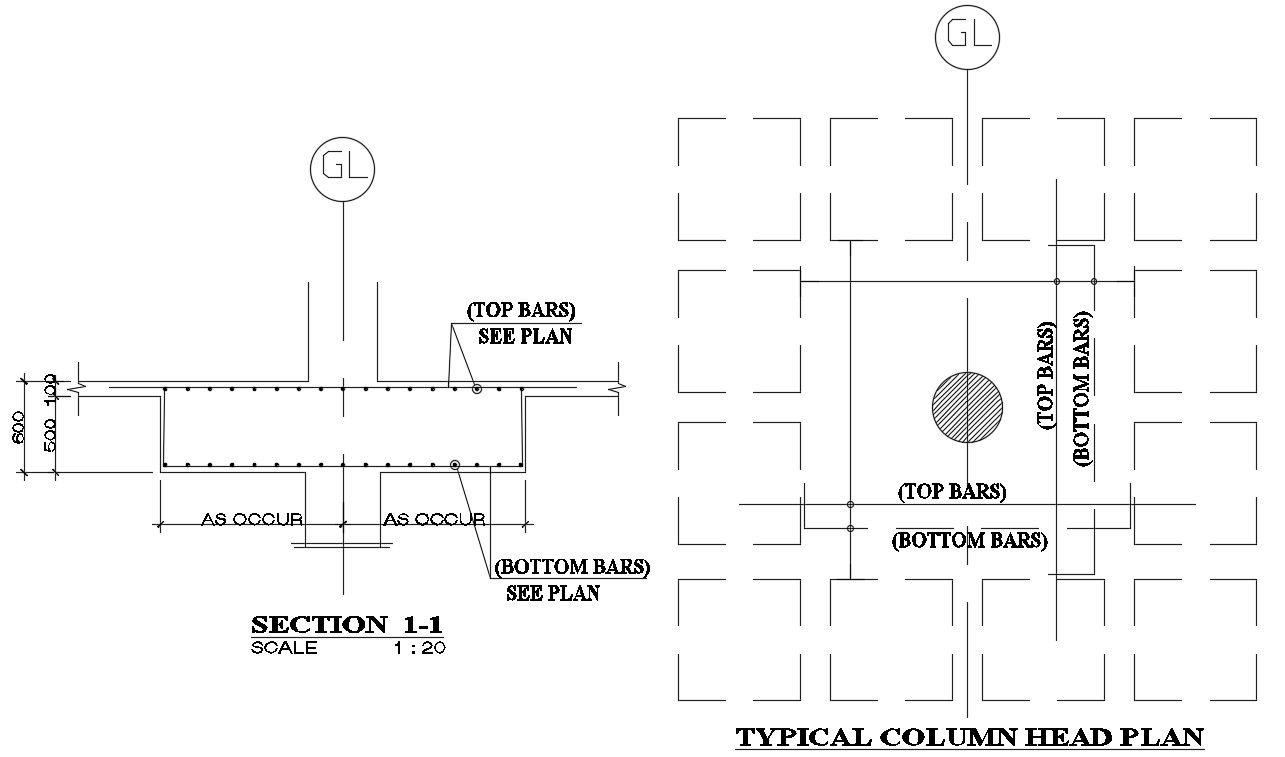 Typical Column Head Plan And Section CAD Drawing Download DWG File