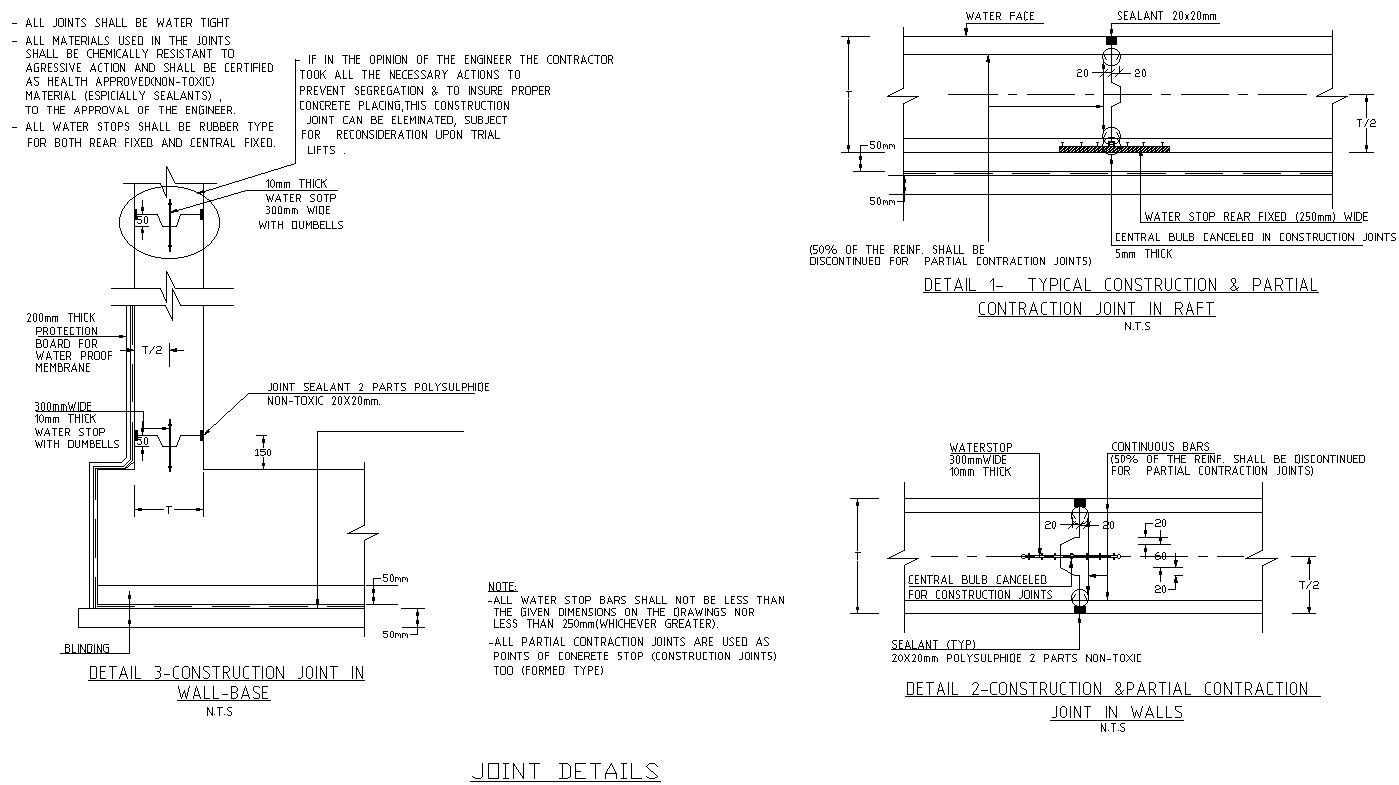 Typical Construction joint in wall base details in AutoCAD, dwg file.