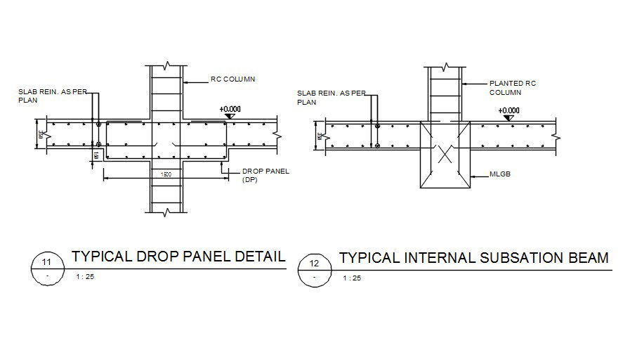 Typical Drop panel section detail and typical internal substation beam are given in this AutoCAD Drawing file. Download the AutoCAD 2D DWG file.