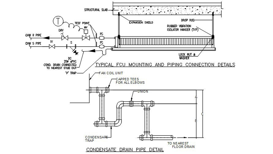 Typical FCU mounting and piping connection details are given in this 2D AutoCAD DWG drawing file. Download the Autocad DWG drawing file.