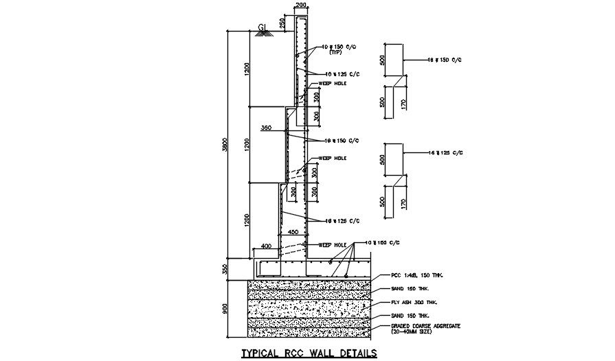 Typical RCC wall details is given in this Autocad 2D DWG drawing file. Download the Autocad DWG drawing file.