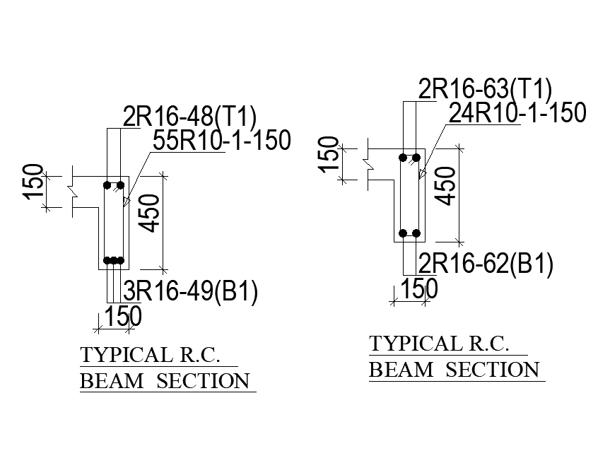 Typical RC beam section view is given in this Autocad drawing file.Download now.