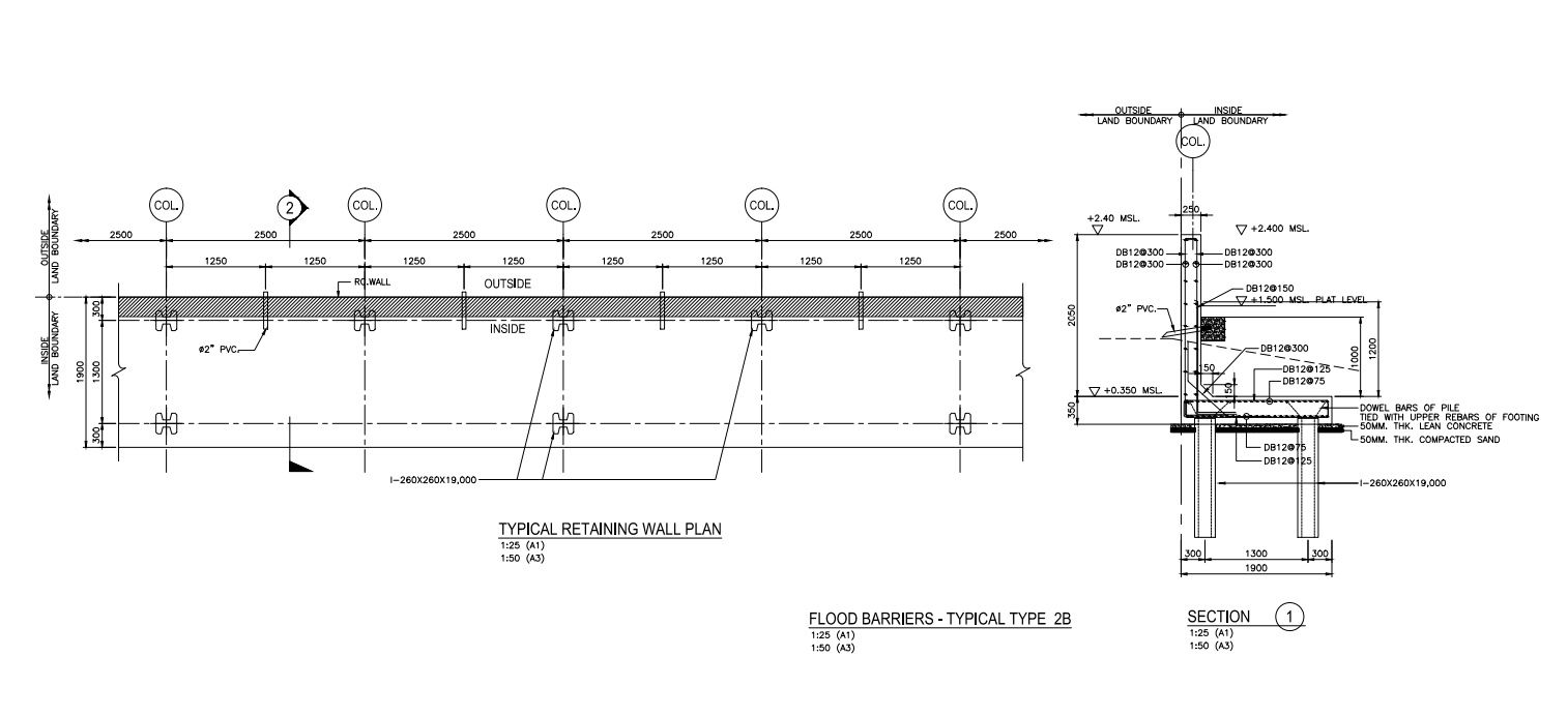 Typical Retaining Wall and Flood Barrier Detail in CAD File