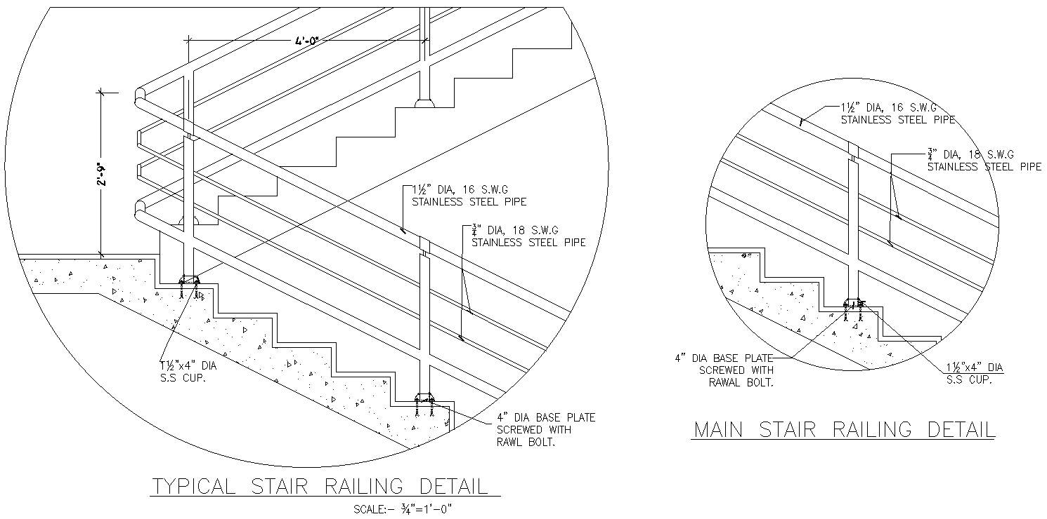 Typical and Main stair railing detail DWG AutoCAD file