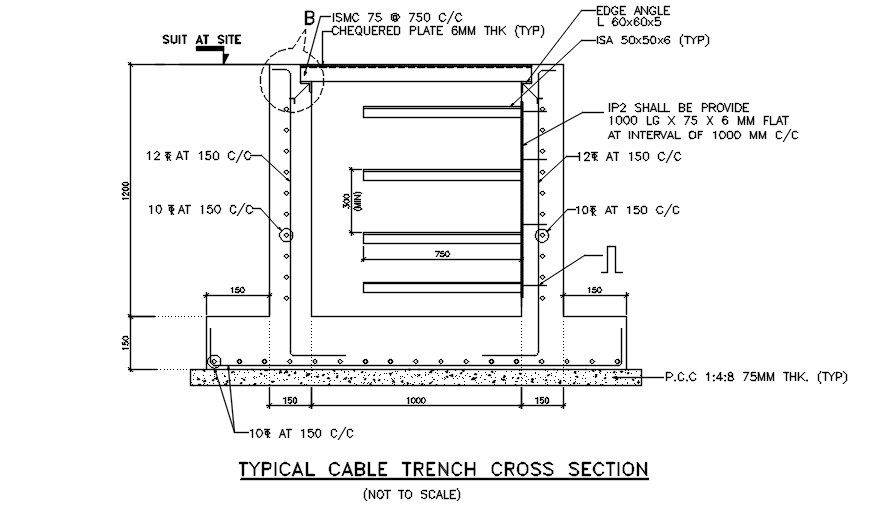 Typical cable trench cross section details are given in this 2D Autocad DWG drawing file. Download the 2D Autocad DWG drawing file.
