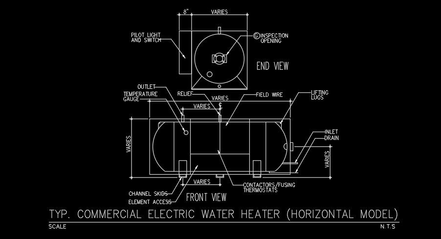 Typical commercial electric water heater AutoCAD drawing model