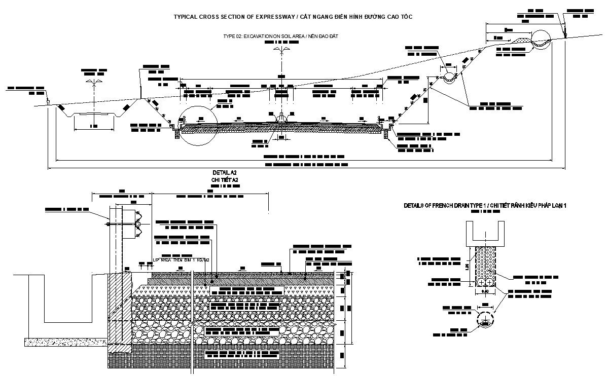 Typical cross-section expressway details are given in this Drawing of the AutoCAD file.Download the AutoCAD DWG file.