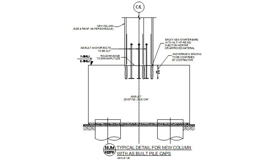 Typical detail for a new column with as-built pile caps is given in this 2D AutoCAD DWG drawing. Download the free AutoCAD 2D DWG file.