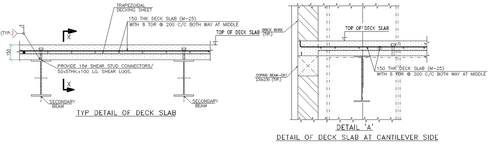 Typical detail of deck slab at cantilever side with dimensions and other details dwg autocad drawing .