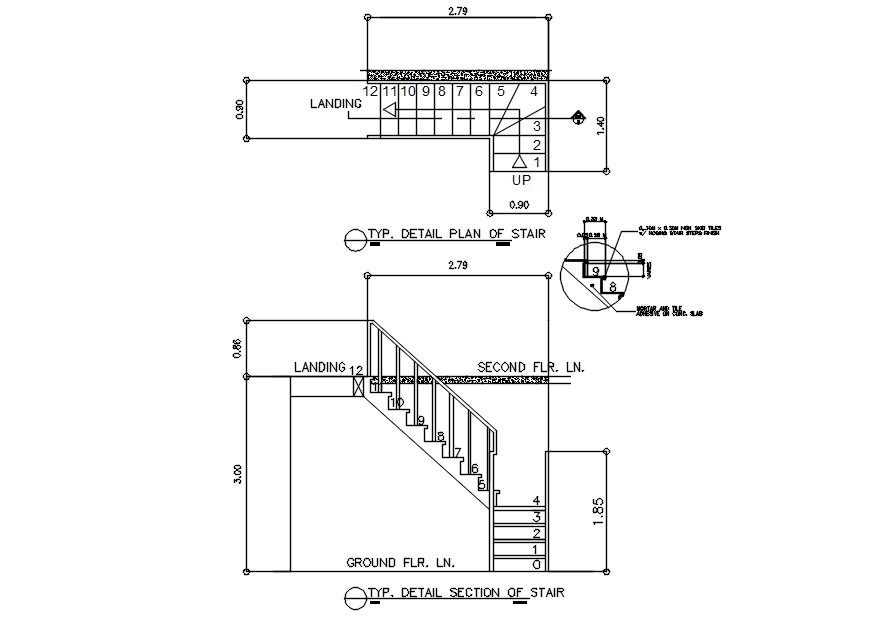 Typical detail section of stair in AutoCAD 2D drawing, dwg file, CAD file