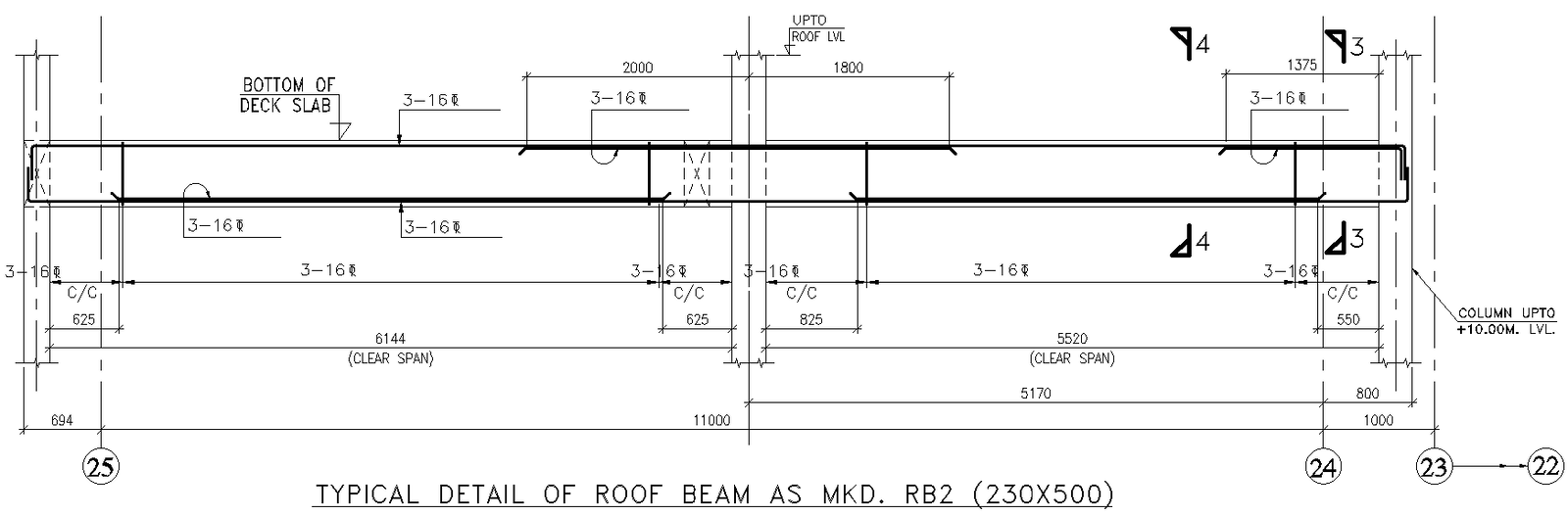 Roof Beam Details with Labels and Dimensions in AutoCAD DWG File