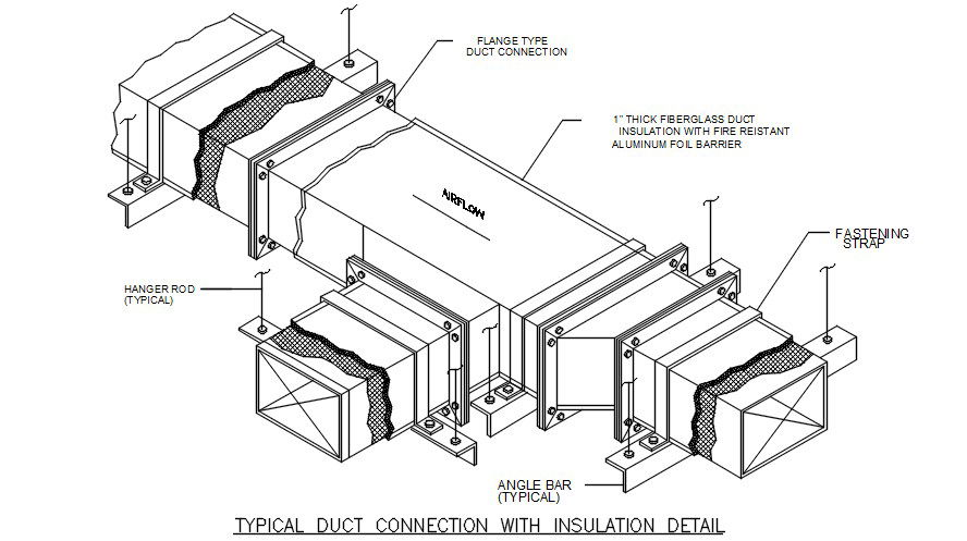 Typical duct connection with insulation detail is given in this 2D Autocad DWG drawing file. Downlaod the 2D Autocad DWG drawing file.