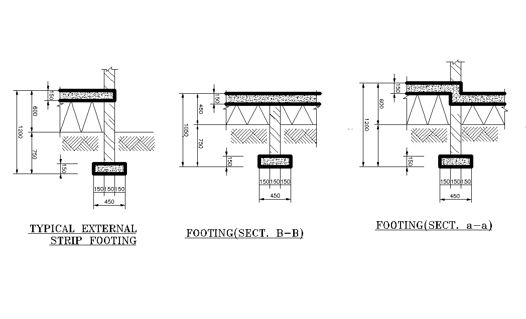 Typical external strip footing is given in this Autocad drawing file. Download now.