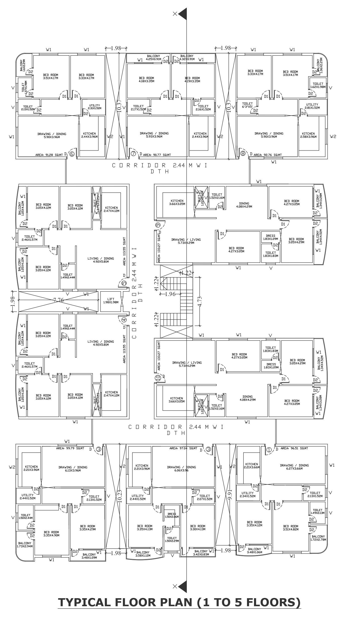 Typical floor plan of five storey apartment detailed DWG autoCAD drawing