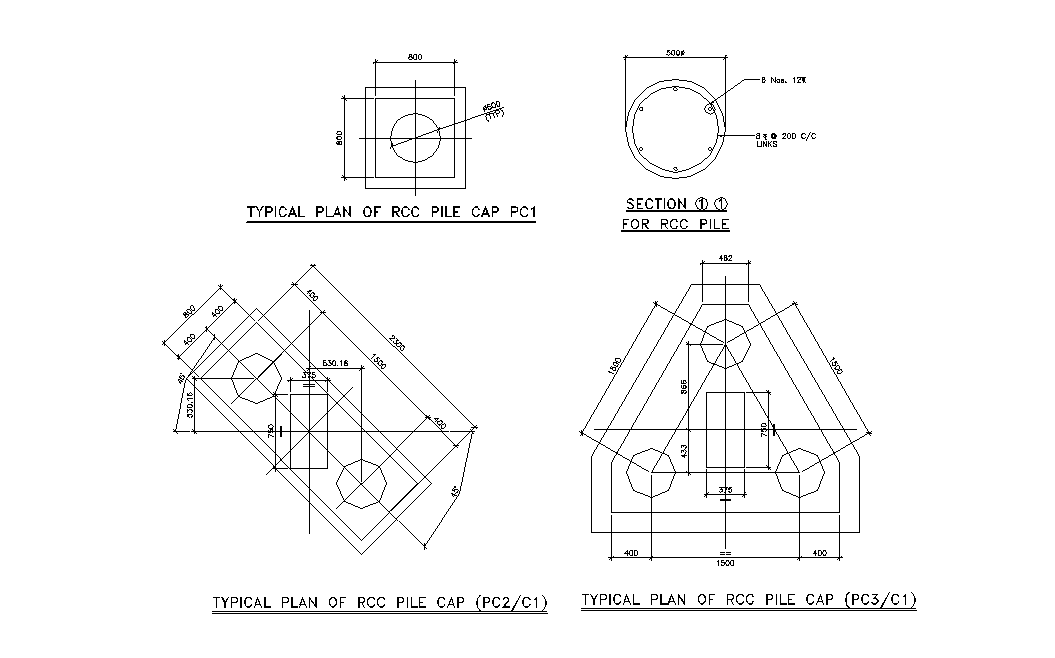Typical layout and sectional plan of Pile Cap. Download AuotCAD DWg file.