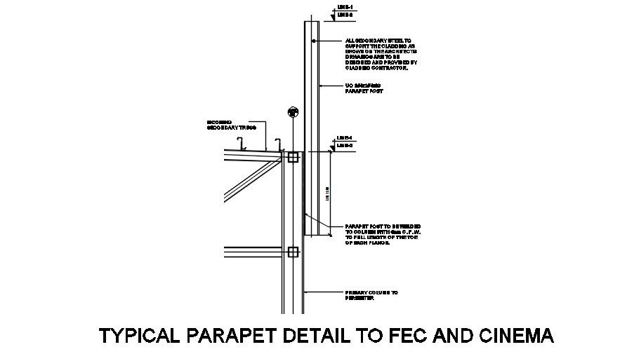 Typical parapet detail to FEC and cinema Section details are given in this 2D AutoCAD DWG drawing. Download the AutoCAD 2D DWG file.