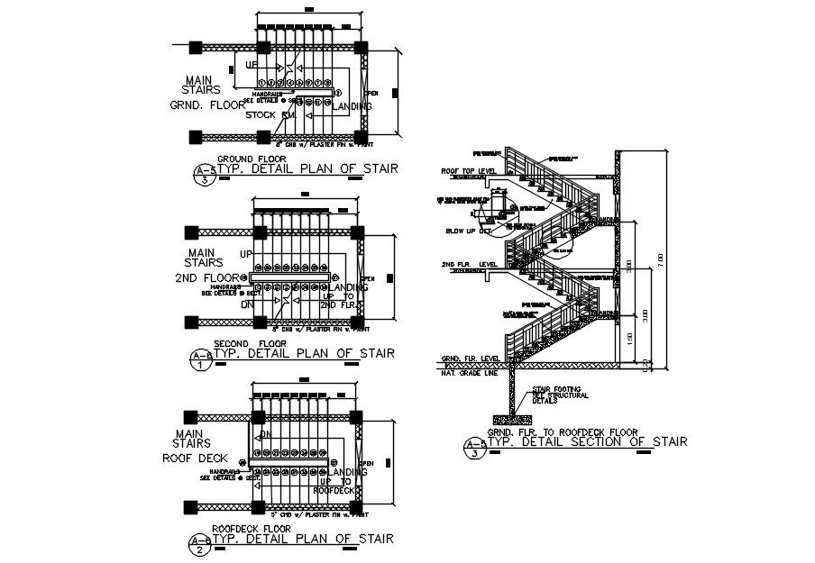 Typical plan and section of stair in AutoCAD 2D drawing, dwg file, CAD file