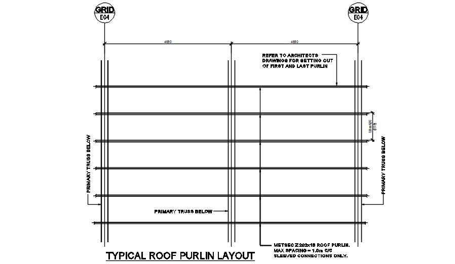 Typical roof purlin layout Section details are given in this 2D AutoCAD DWG drawing. Download the AutoCAD 2D DWG file.