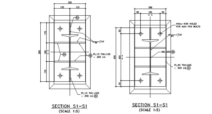 Typical section details of FDN Bolts are given in this cad drawing file. Download this 2d Autocad drawing file.