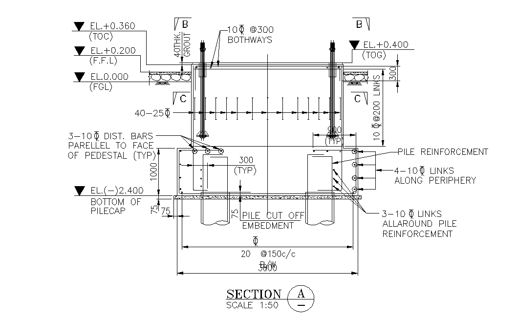 Typical section details of pile cap and pedestal details are given in this 2D AutoCAD DWG drawing file. Download the 2D AutoCAD DWG drawing file.
