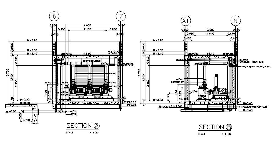 Typical section details of the Pump motor room is given in this DWG CAD Drawing.Download the free AutoCAD file now.