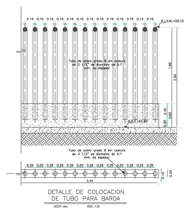 Typical section details of tube placement for the fence are given. Download the Autocad file now.