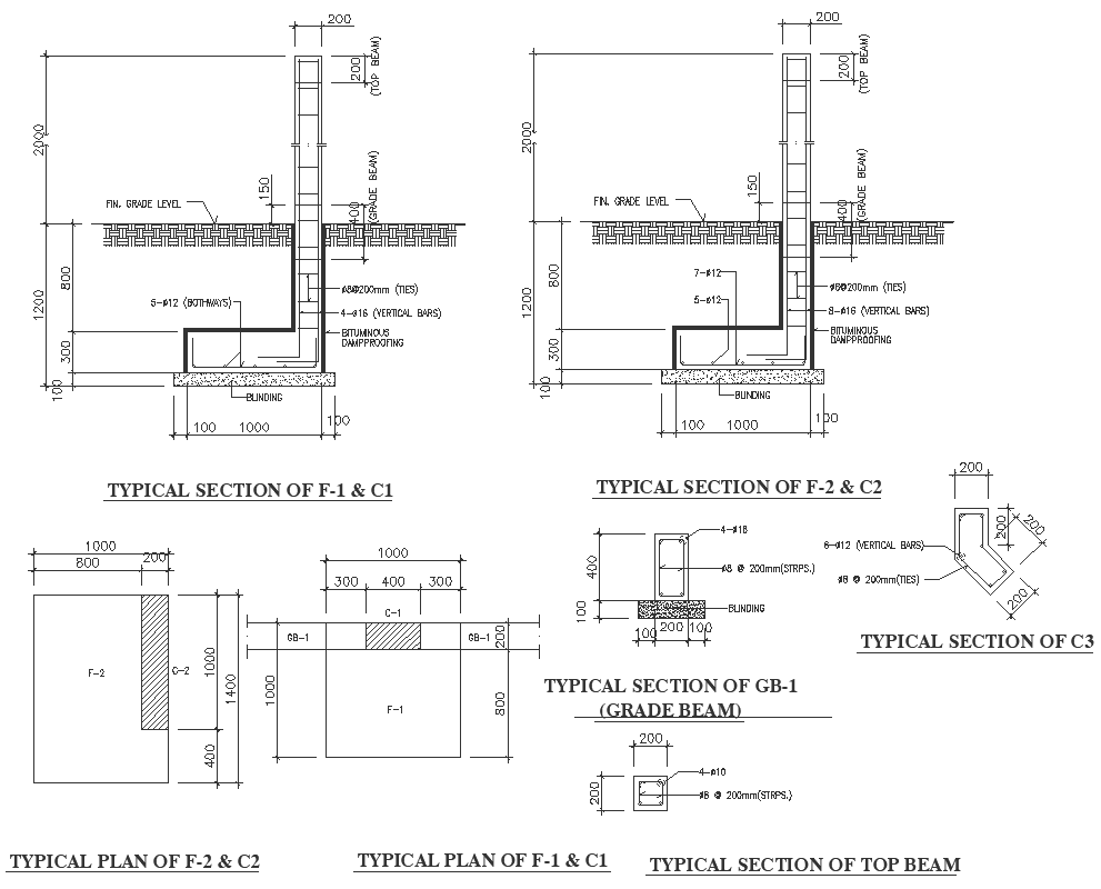 Typical section of grade beam with section details and plan elevation dwg autocad drawing.