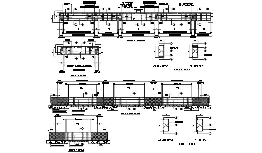Typical tie beam elevation and section views are specified in this drawing