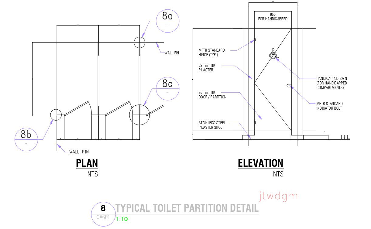 Typical toilet partition detail in AutoCAD 2D drawing, dwg file, CAD file