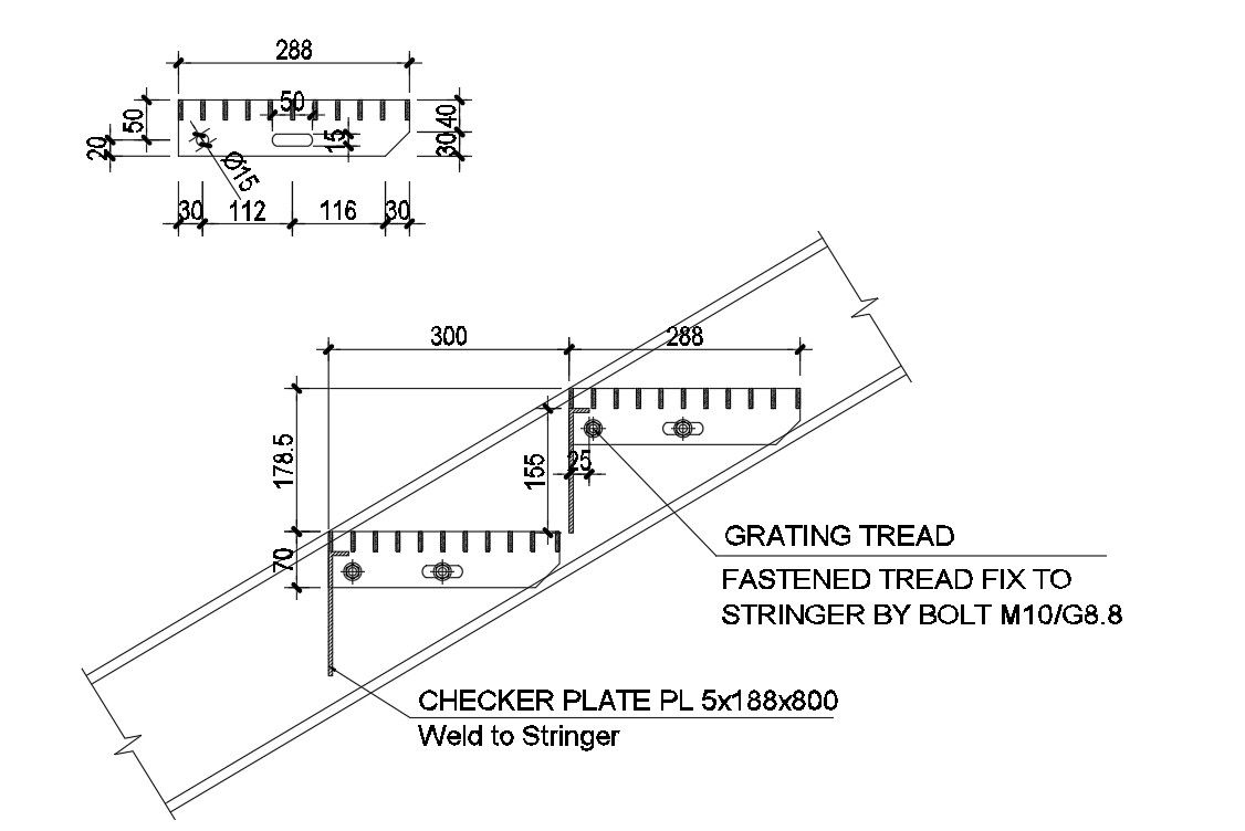 Typical tread detail of the stair in AutoCAD 2D drawing, CAD file, dwg file