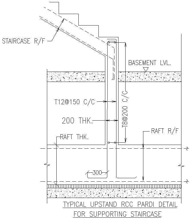 Typical upstand rcc pardi details for supporting staircase detailed dwg drawing .