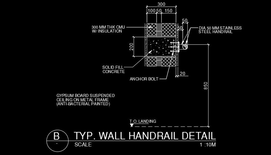 Typical wall handrail detail drawing is given in this AutoCAD model