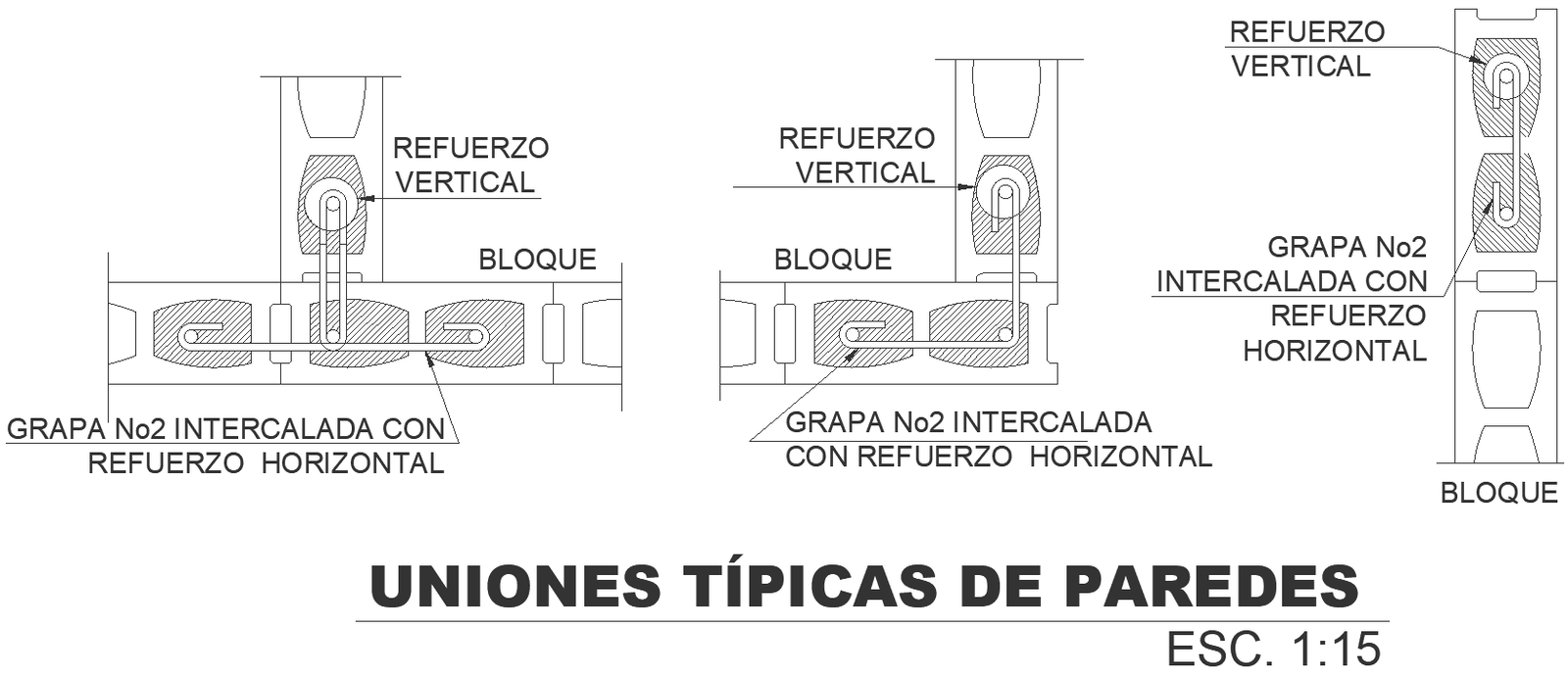 Typical wall joints with horizontal reinforcement detail DWG autoCAD drawing