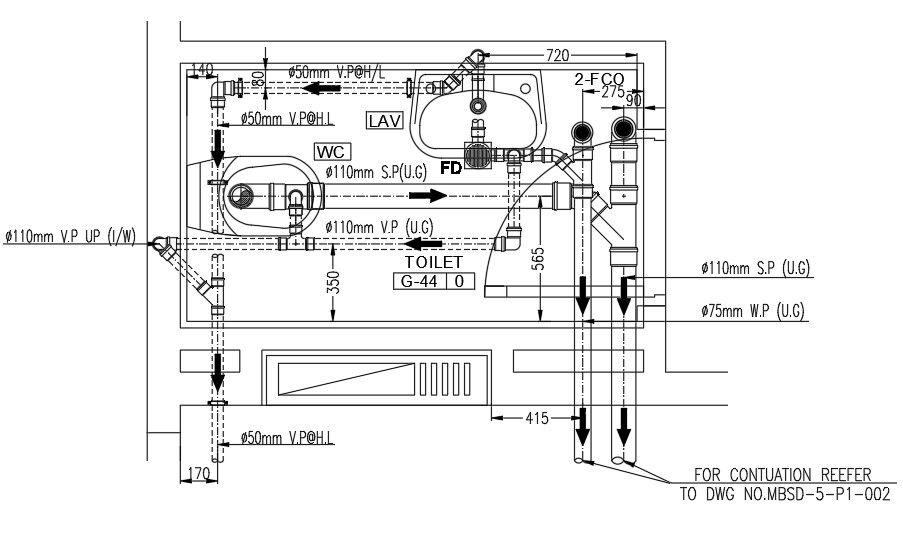 Underground Pipeline layout of Toilet.