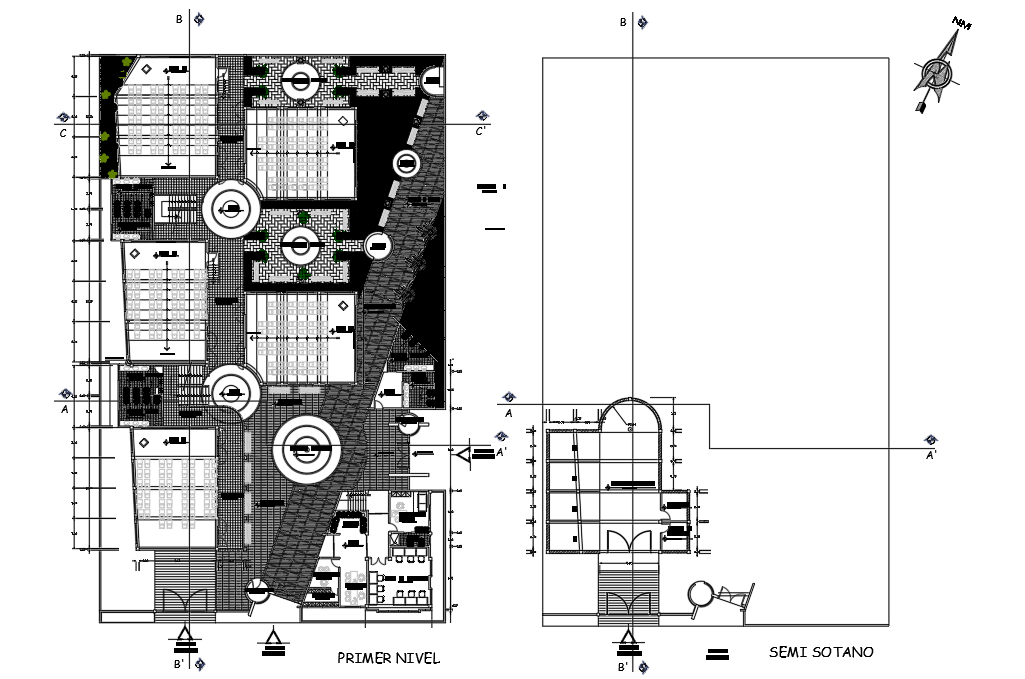 University basement floor and ground floor plan detail dwg file