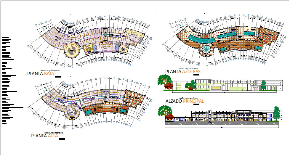 University design view with library plan and elevation view dwg file