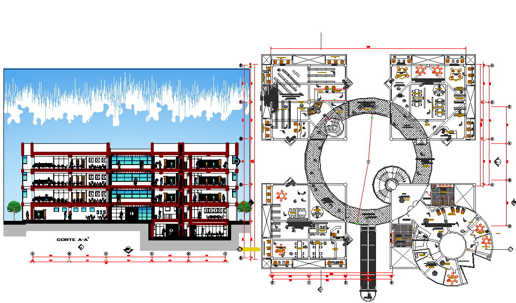 University library plan and section dwg file