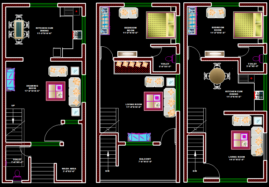 18x38 G Plus Two House Interior Plan CAD File with Accurate Layout