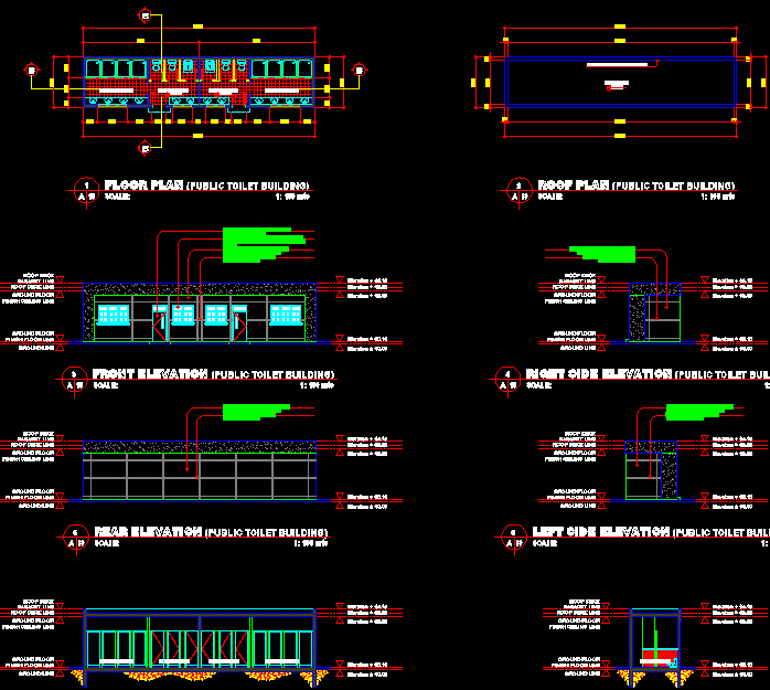 Public Toilet Building Floor and Elevation Layout in DWG File