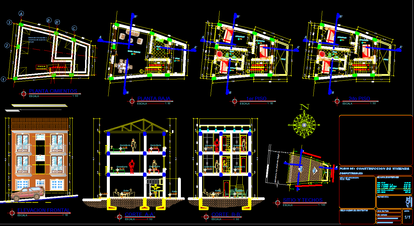 Small 3 Storey House Floor Plan and Front Elevation DWG File