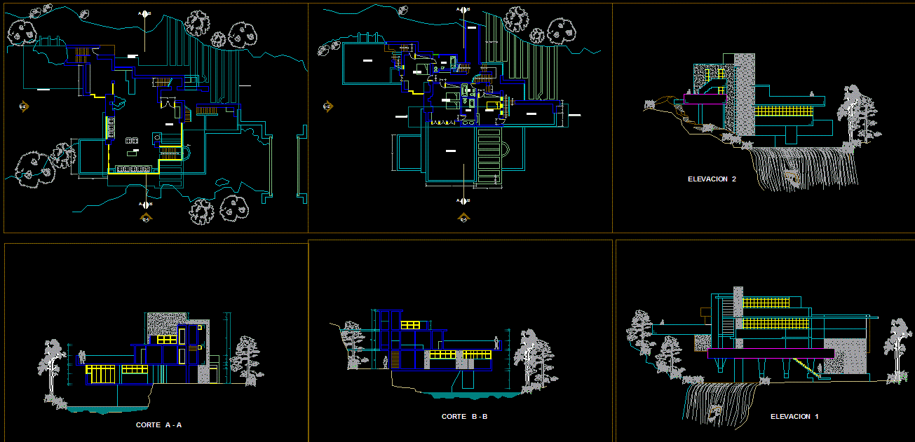 Water Falling House DWG CAD Drawing with Detailed Floor and Elevation