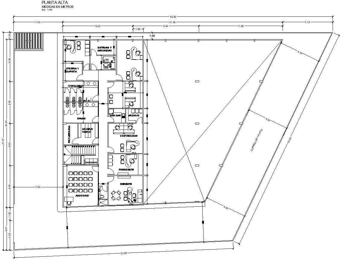 Upper floor plan with detailing and dimensions
