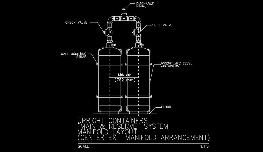 Upright containers main & reserve system manifold layout AutoCAD drawing