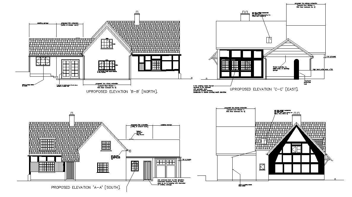 Uproposed elevation is given in this 2D Autocad DWG drawing file.  Download the 2D Autocad DWG drawing file.